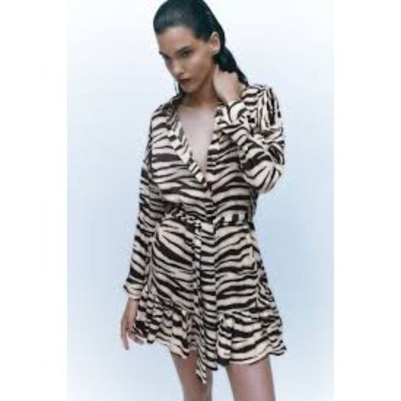 Zara Zebra Print Belted Shirt Dress - Picture 1 of 5